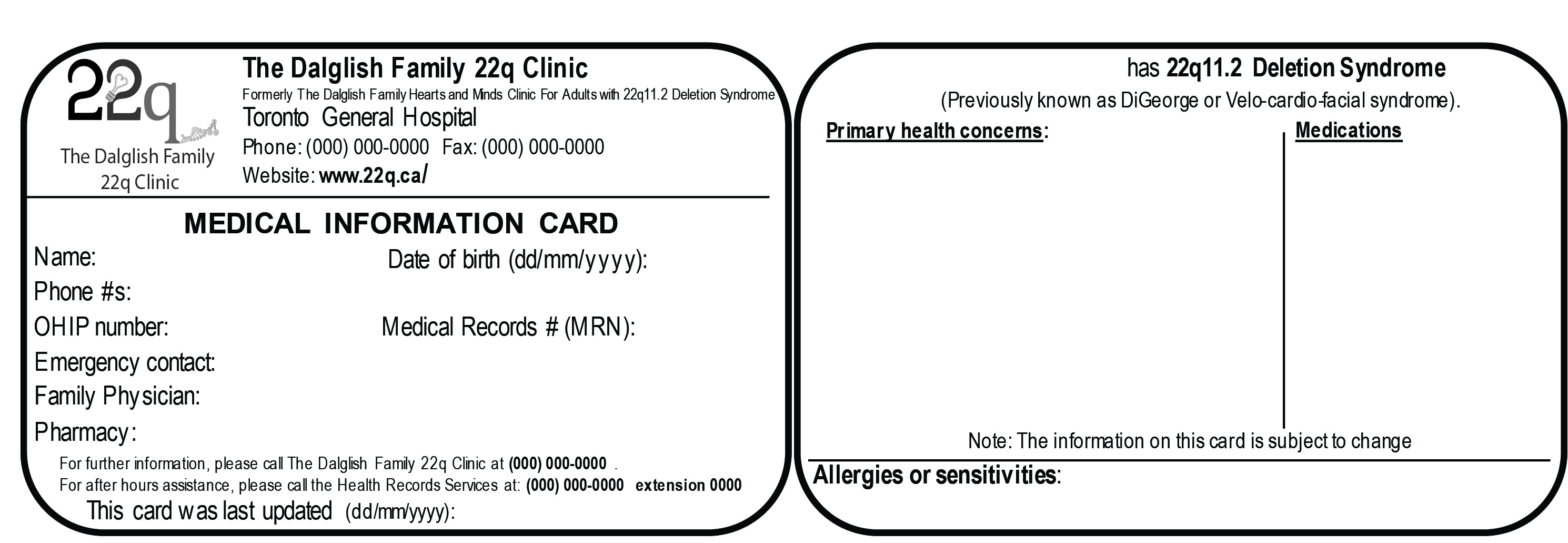 personalized medical information card from Dalglish Family 22q Clinic